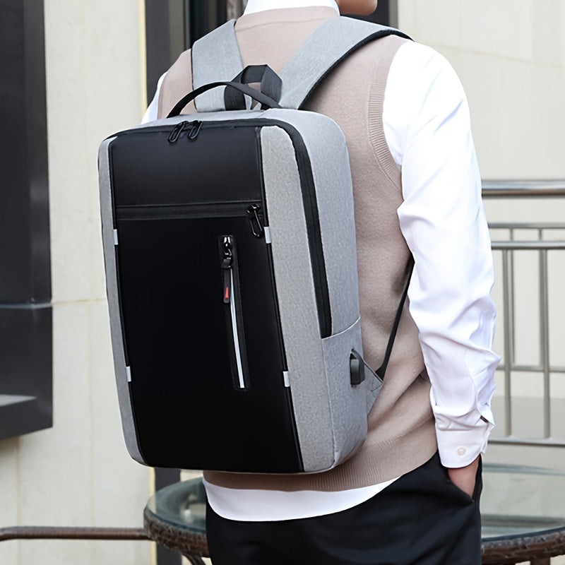 Men's Blue Nylon Backpack with Laptop Compartment USB Charging Port and Adjustable Straps