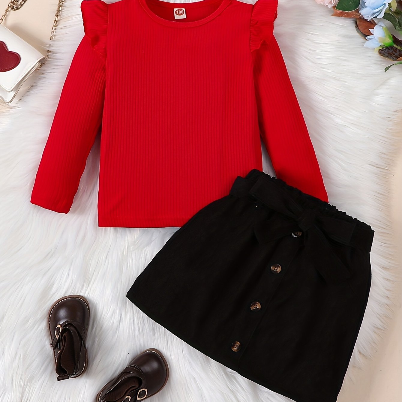 Girls' Long Sleeve Top and Skirt Set Cotton Ribbed Black and Yellow for Fall Winter