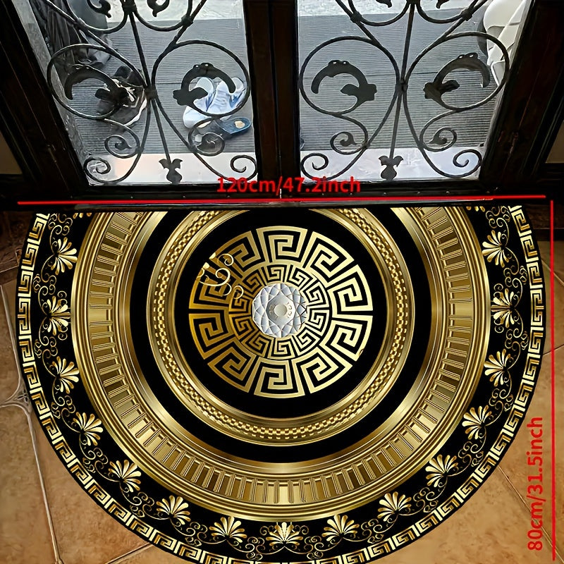 Semi-Circular Black and Gold Floral Rug Non-Slip Indoor Outdoor Polyester