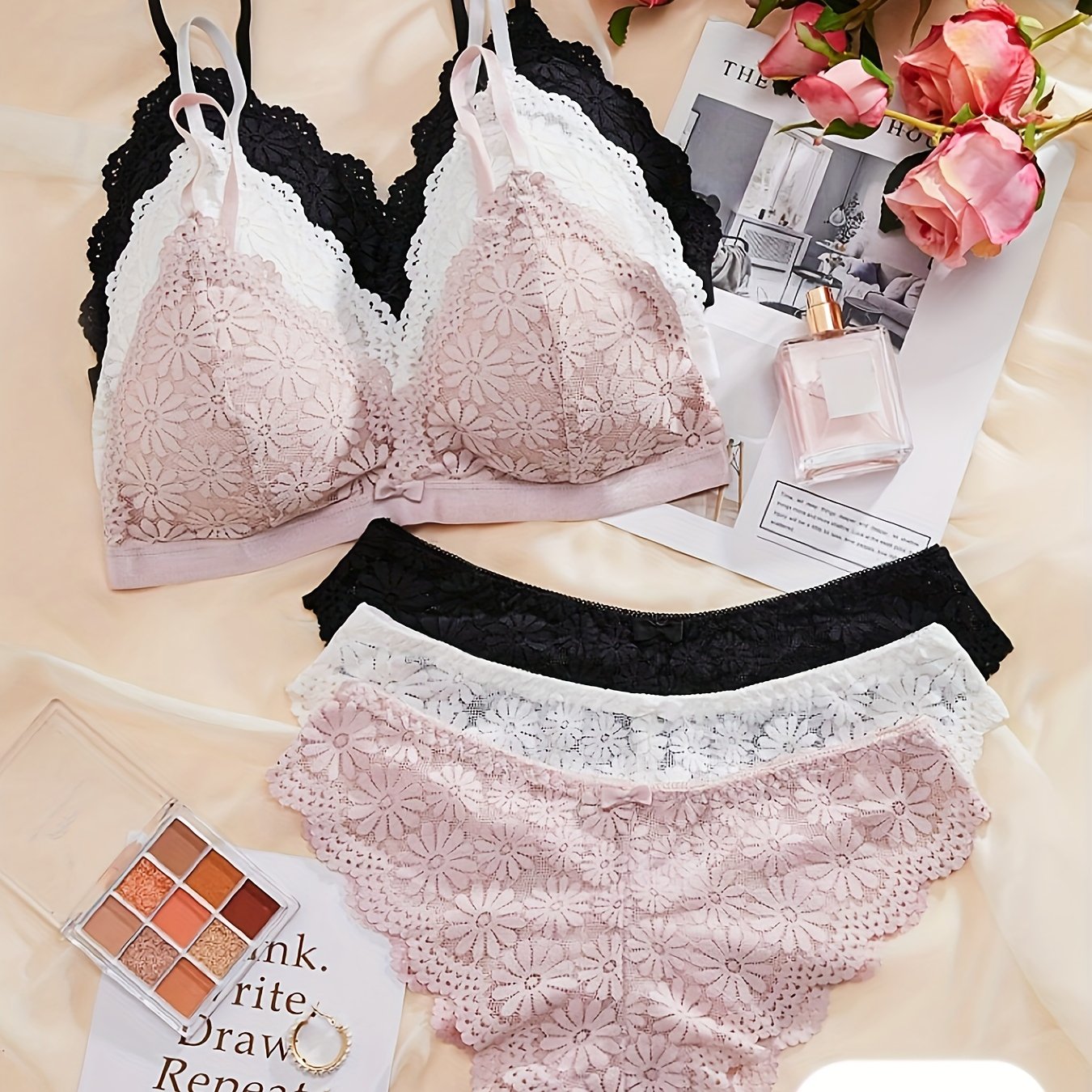 Women's Floral Lace Lingerie Set with Triangle Cup Bra and Scalloped Panties