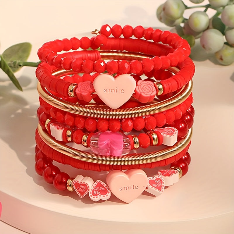 Red Beaded Bohemian Heart Bracelet for Women Valentine's Day Jewelry Multi-Layered