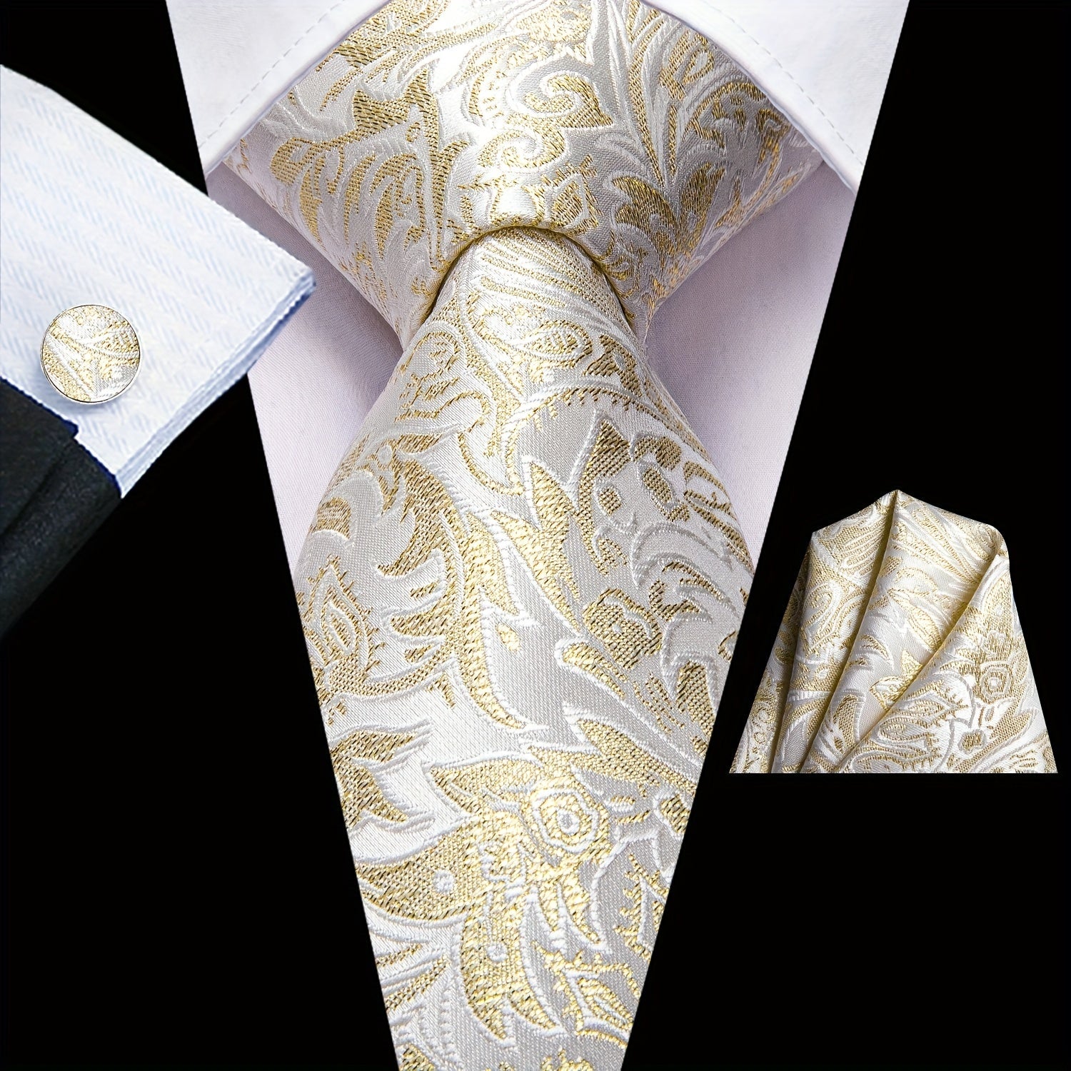 Men's Jacquard Woven Beige Tie Set with Hanky and Cufflinks for Wedding Business Party