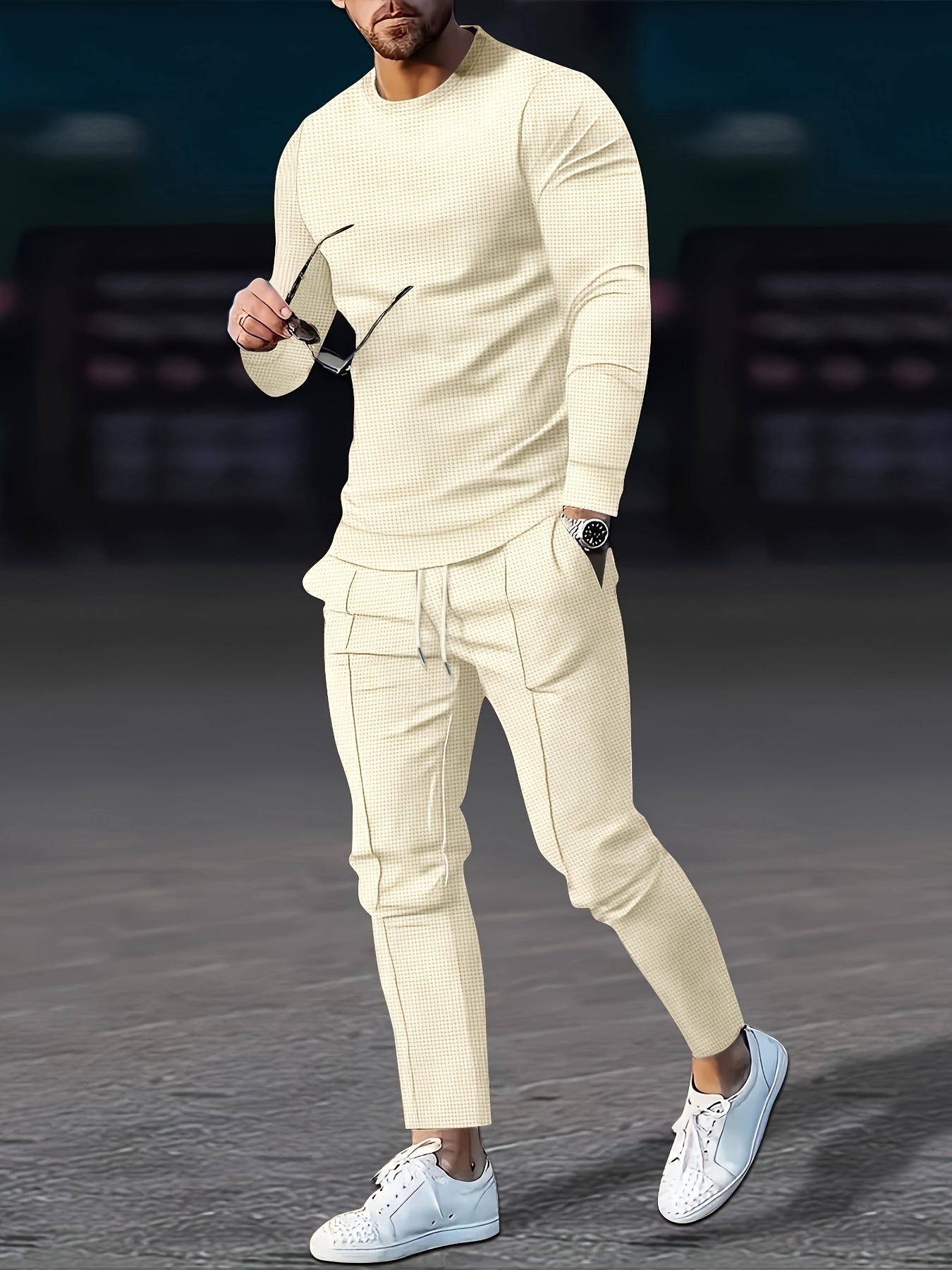 Men's Waffle Pattern Casual Outfits Set Long Sleeve Sweatshirt and Joggers Spring Fall