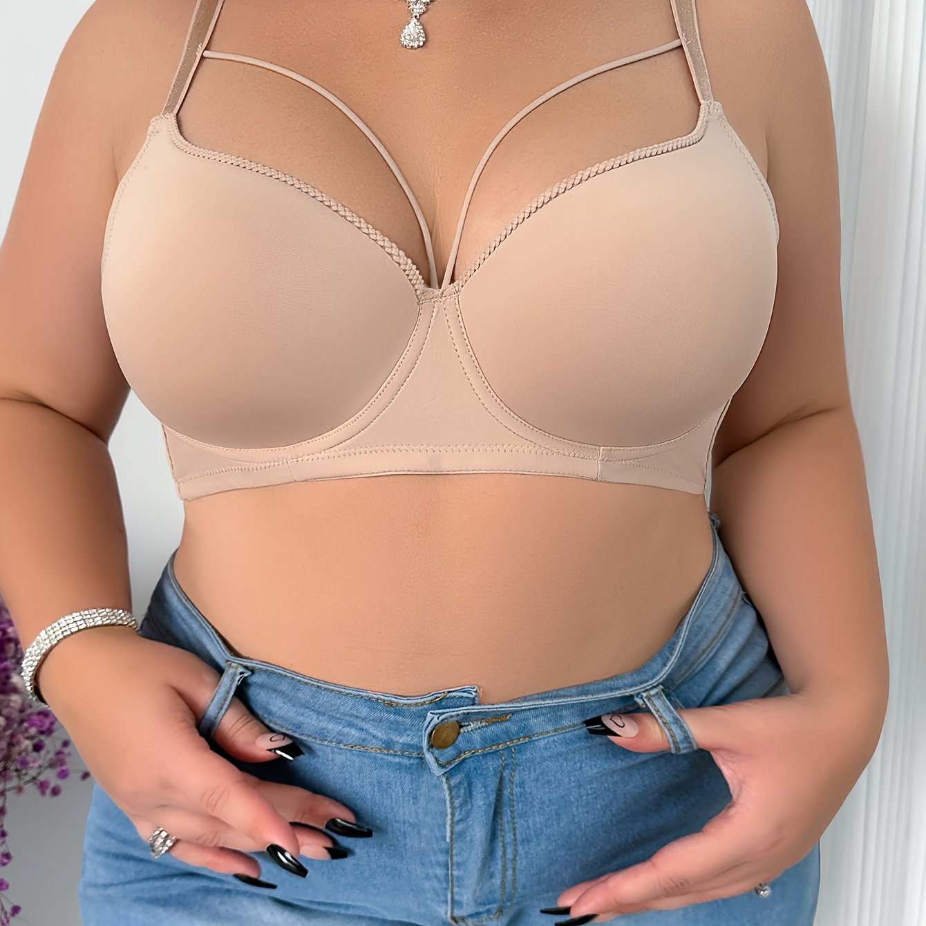 Plus Size Beige Push-Up Bra with Underwire Support and Breathable Nylon Blend