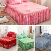Three-Piece Macrame Bed Skirt Set with Flower Print Non-Slip Bedding for All Seasons