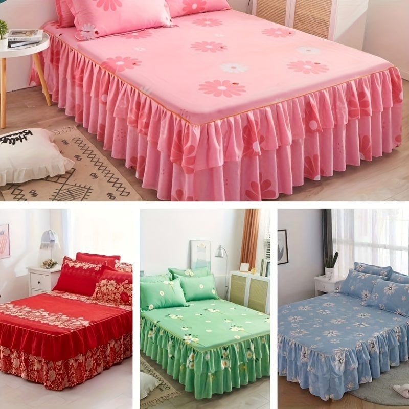 Three-Piece Macrame Bed Skirt Set with Flower Print Non-Slip Bedding for All Seasons