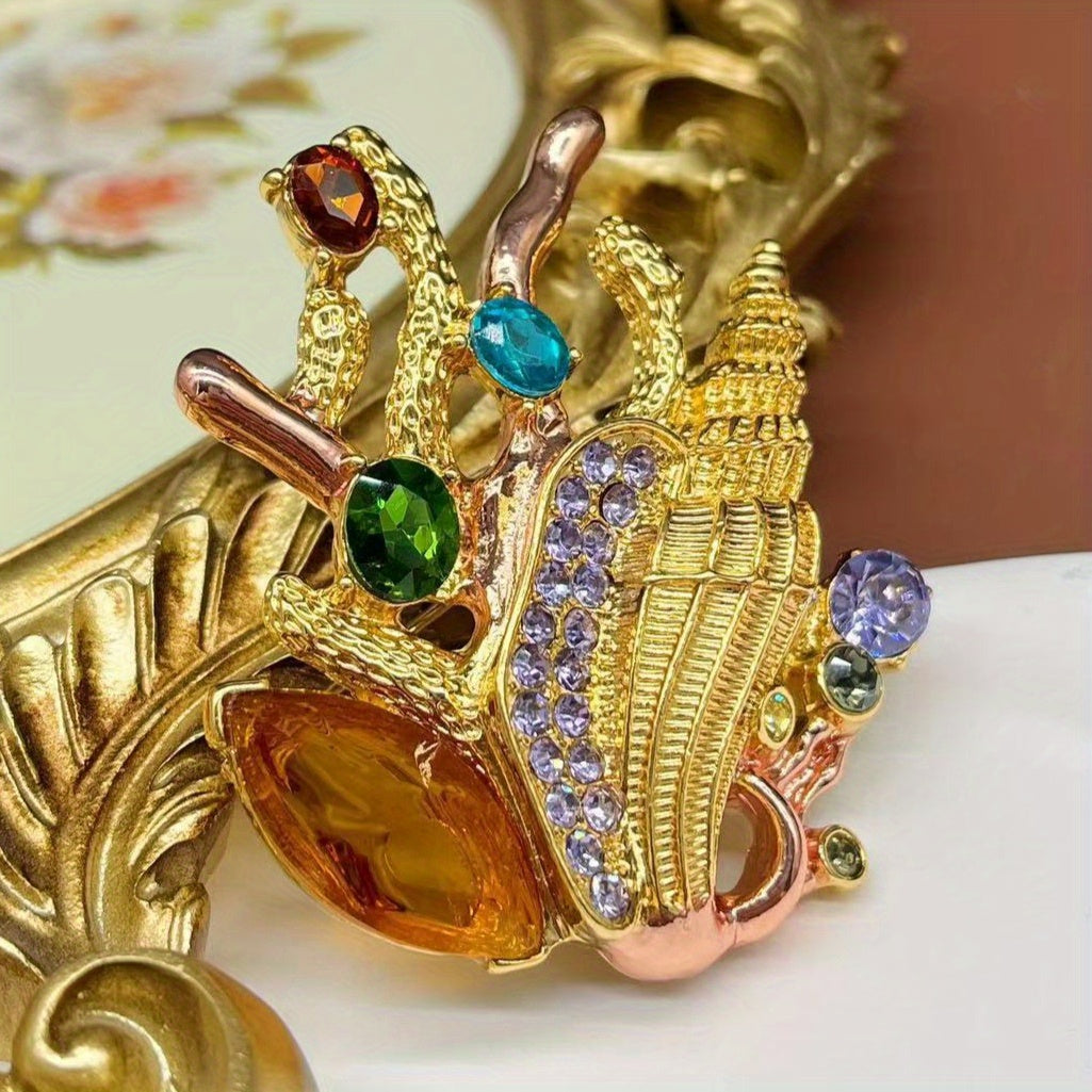 Vintage Conch Shell Brooch with Colorful Rhinestones Marine Jewelry for Women