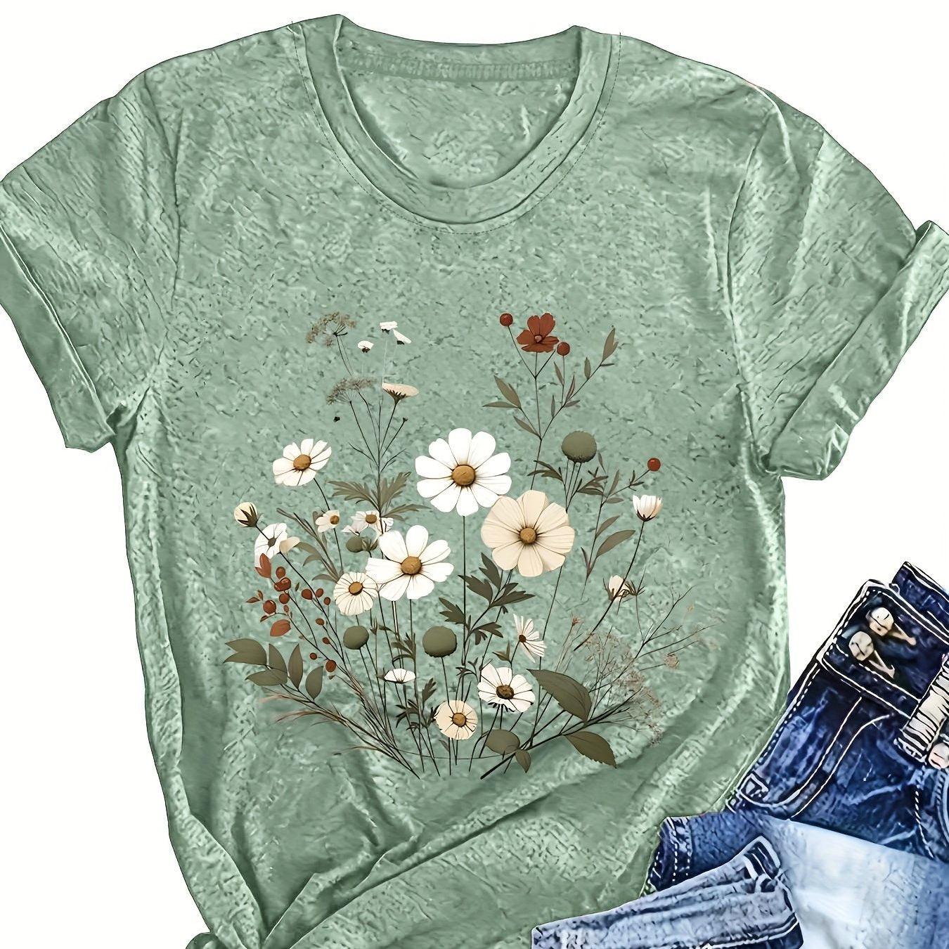Women’s Floral Print T-Shirt Soft Polyester Round Neck Short Sleeve Summer Top