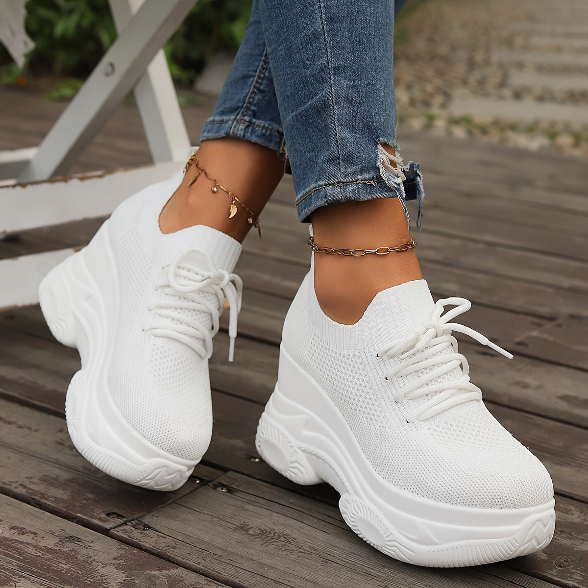 Women's White Slip-On Chunky Platform Sneakers Breathable Cushioned Heel
