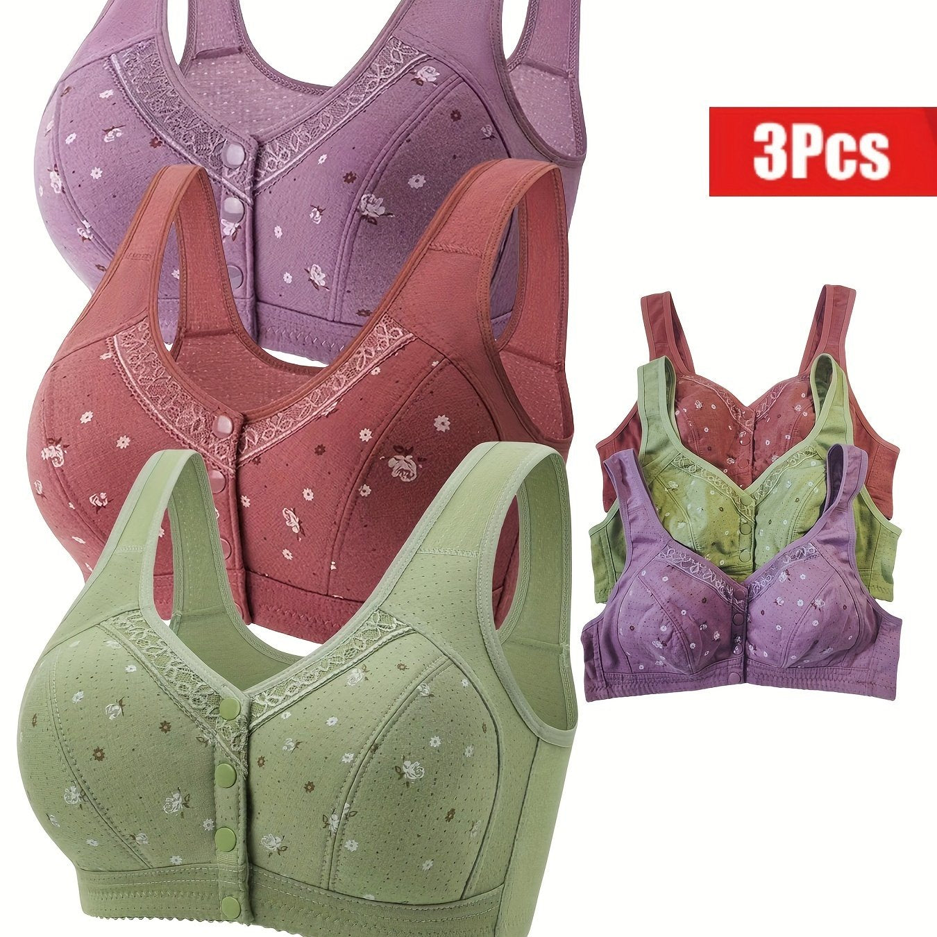 Women's Floral Print Wireless Bra Set with Front Buttons and Adjustable Straps