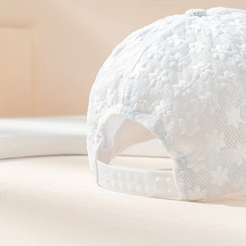 Women's Mesh Baseball Cap with Flower Embroidery Faux Pearl Lace Adjustable Breathable