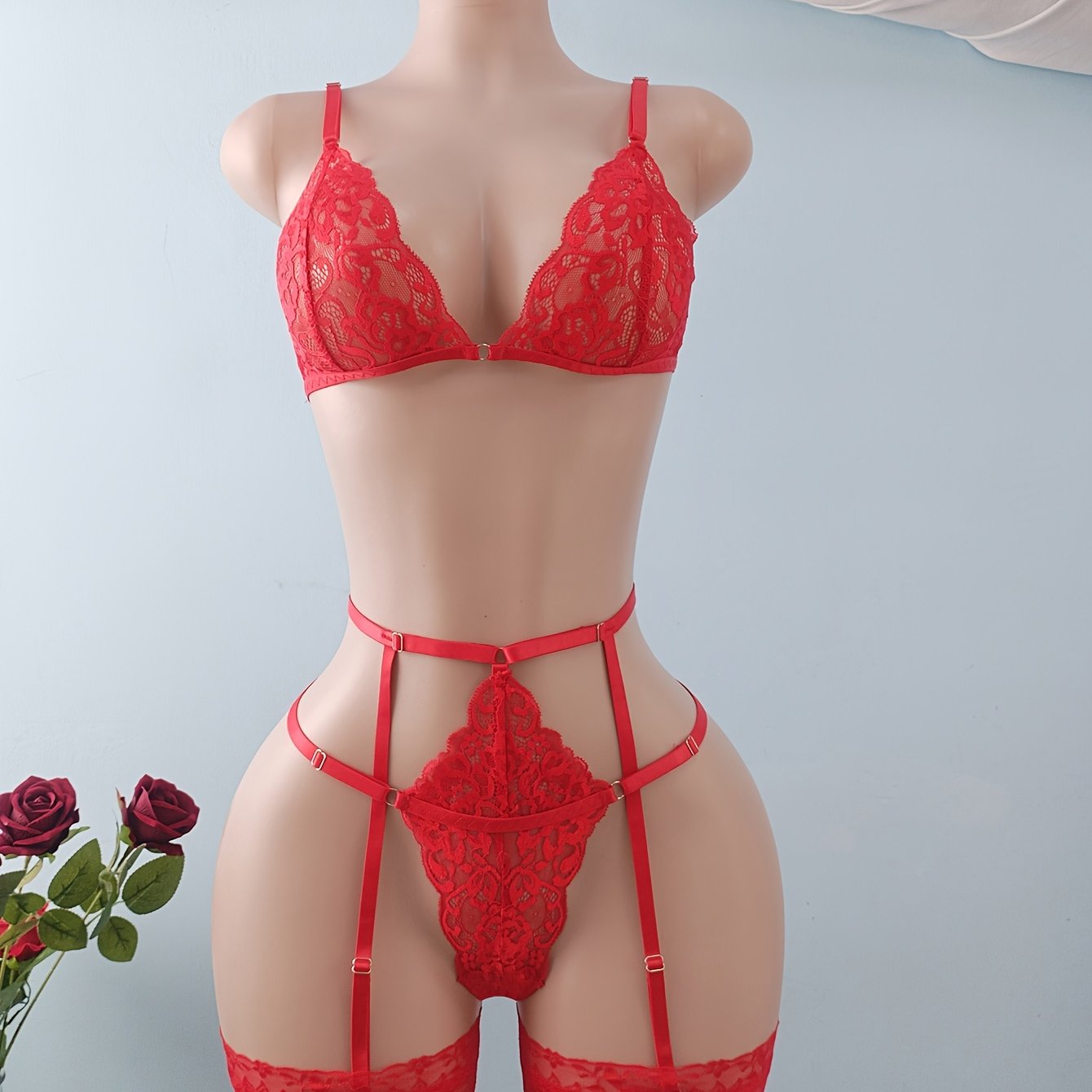 Women's Lace Lingerie Set with Garter Belt and Leg Rings, Seductive, Large