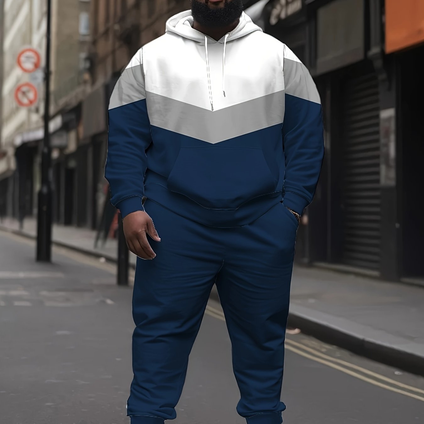 Men's Plus Size Hoodie Tracksuit with Color Block Design Polyester Casual