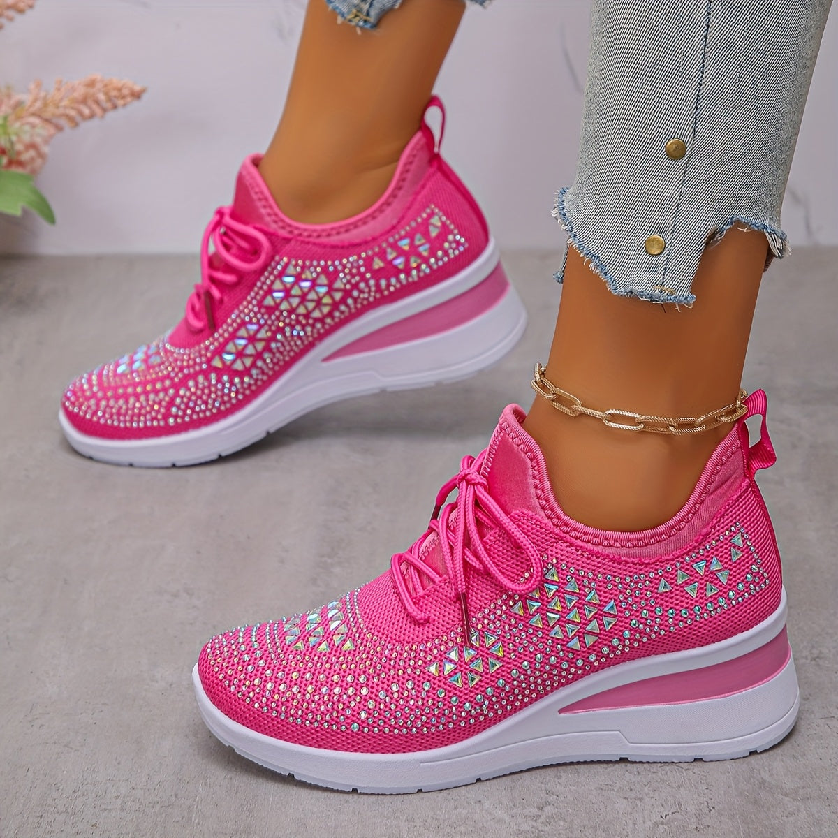 Women's Rhinestone Sneakers Black Casual Low-Top Lace-Up Comfort Footwear