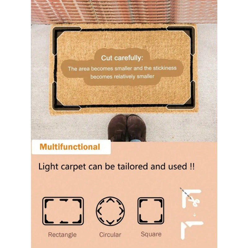 Mustahkam, sirpanmaydigan gilam lenta, yuvilishi mumkin bo'lgan PU va PC materialidan tayyorlangan, xonalar va yotoqxonalarda foydalanish uchun qo'l bilan yuvilishi mumkin bo'lgan yopishqoq, qoldiq qoldirmasdan oson o'rnatish.