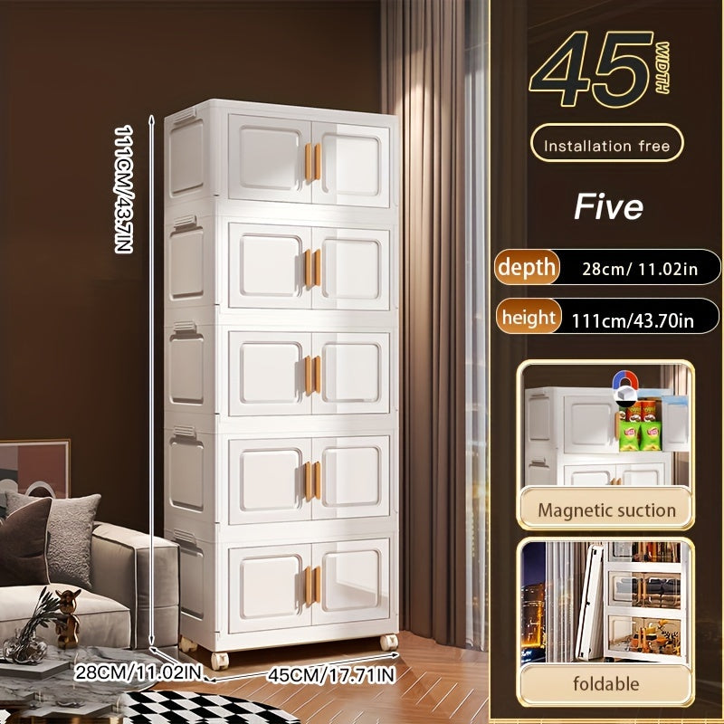 Складной органайзер для хранения PP с колесами, двойными дверцами и многоуровневыми полками