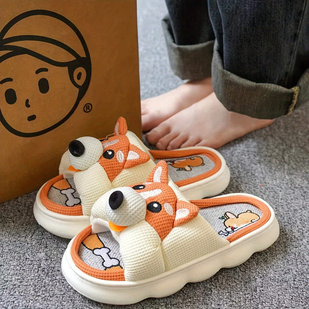 Women’s Linen Open Toe Slippers with Cute Dog Design Indoor Comfort