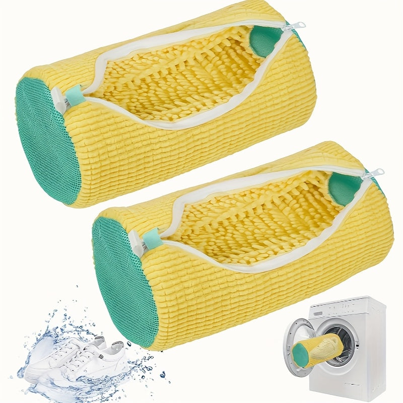 Yellow Polyester Shoe Washing Bag with Mesh Pockets Zipper Safe Laundry