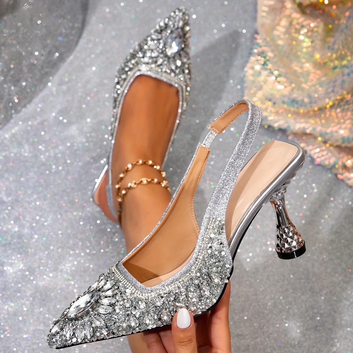 Ayollar uchun Bling to'rt mavsumli nuqtali oyoq barmoqli, bilak bog'lamli yuqori poshnali poyabzal, kiyinish va kechalar uchun