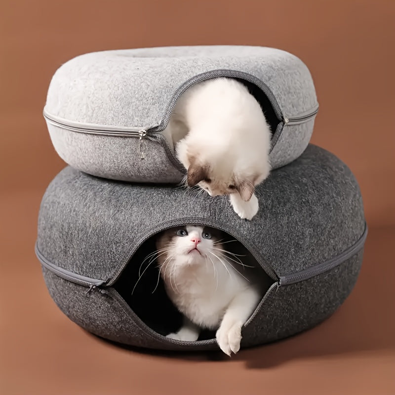 Donut-Shaped Cat Bed with Felt Tunnel and Canvas House for Small to Medium Cats Ferrets and Rabbits