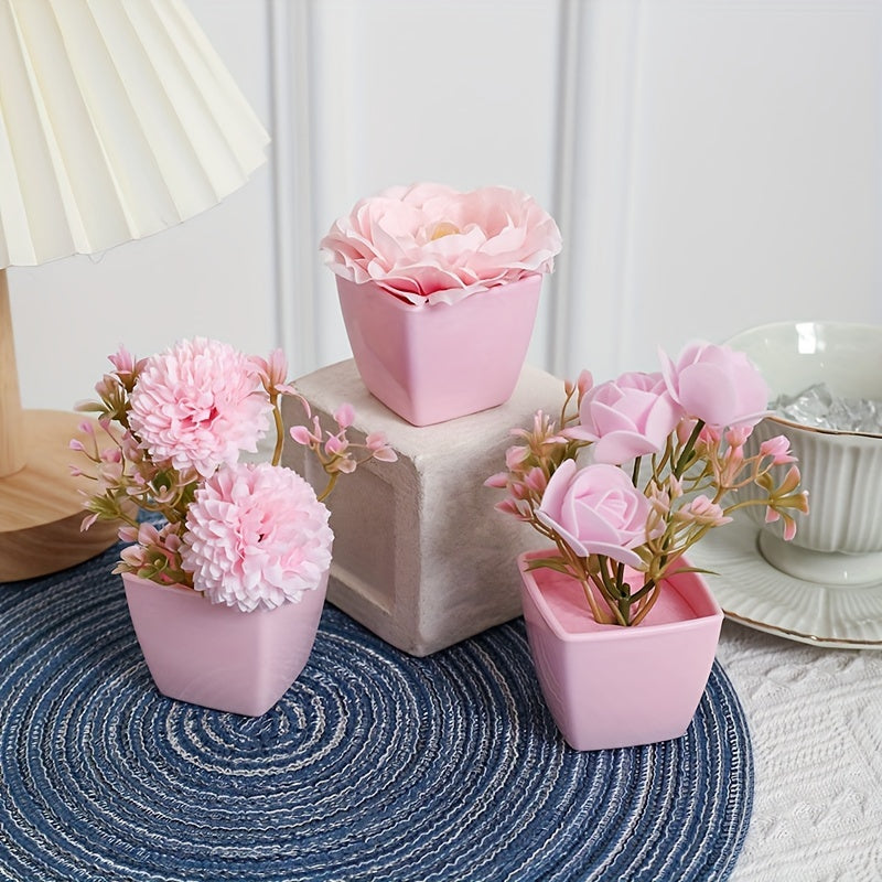 Mini Pink Artificial Plants with Faux Rose and Peach Embroidered Ball Flowers for Wedding Home Office Decor