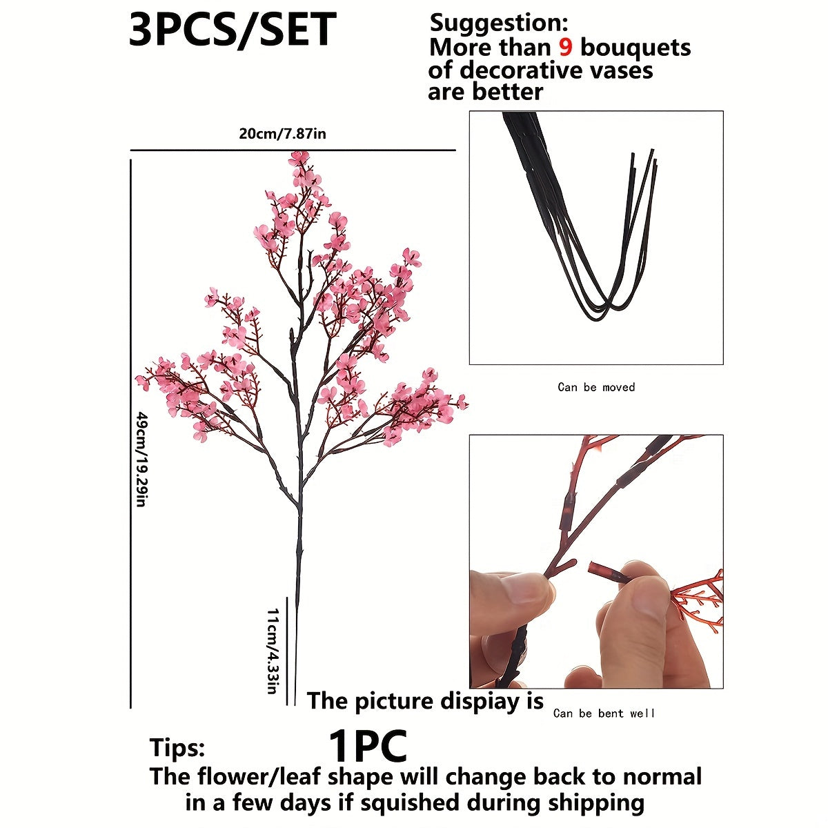 Artificial Green Flowers Set of 3 Realistic Imitation Single Stem for Home Wedding Decor