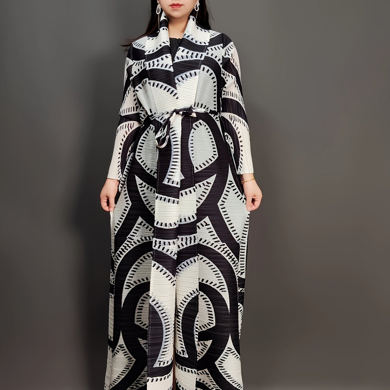 Blue and Black Floral Print Maxi Kaftan Dress with Long Sleeves and Tie Waist for Women