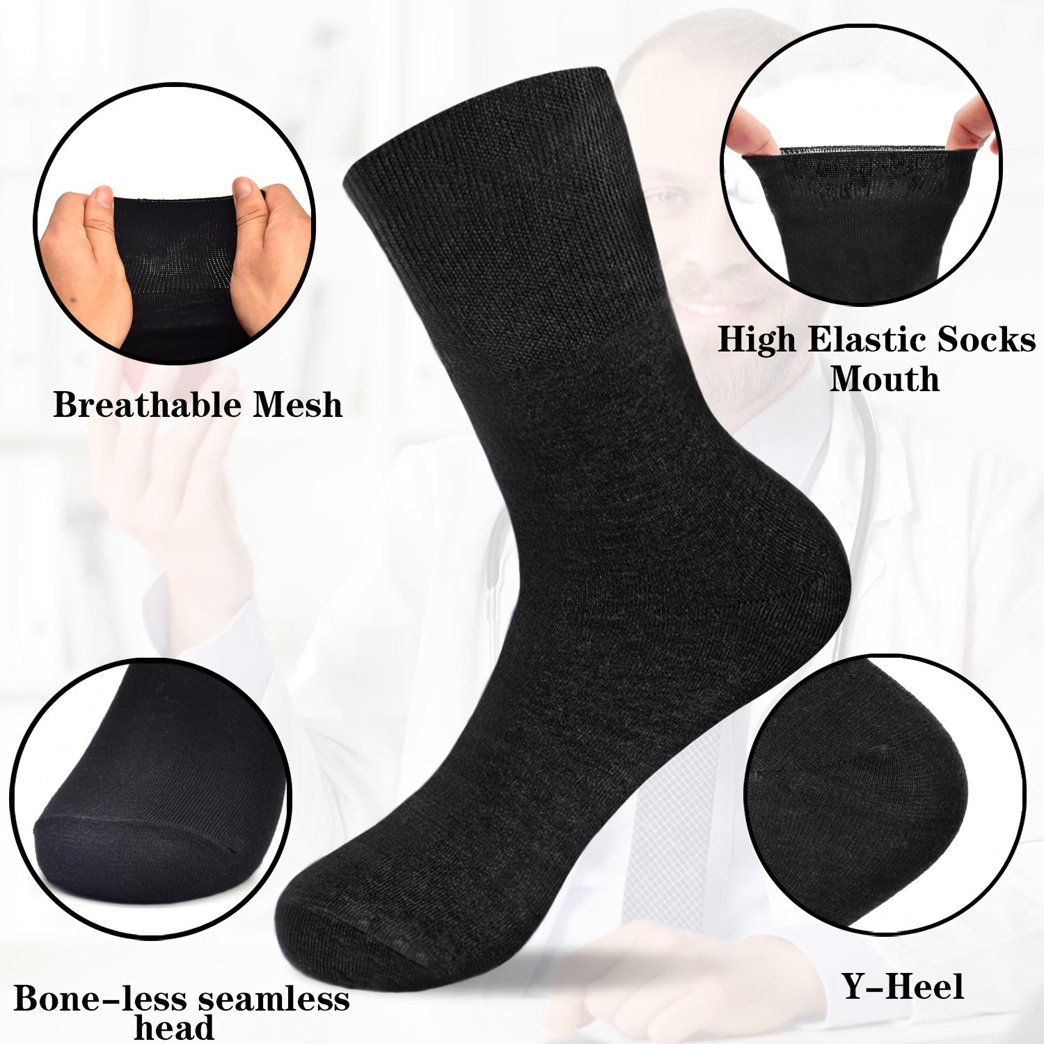 6-Pack Breathable Cotton Polyester Diabetic Socks Odor-Free Machine Washable