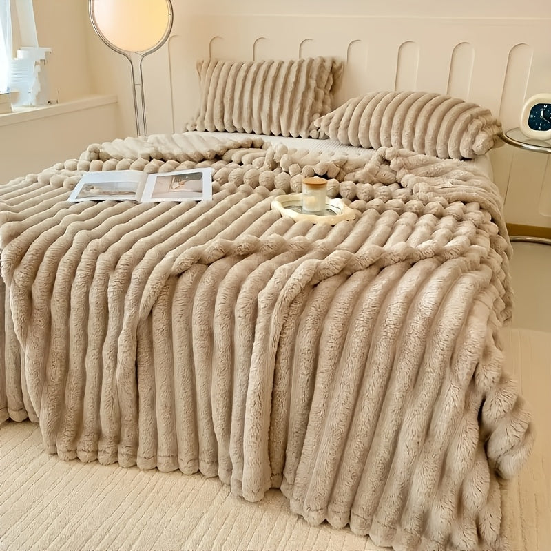 Striped Faux Fur Throw Blanket Cozy Plush for Couch Bed Travel All-Season