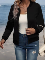 Women's Plus Size Casual Bomber Jacket with "LOVE" Print Black Polyester