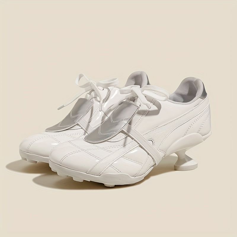 Women's White High Heel Shoes with Lace-Up Closure and Chunky Heel