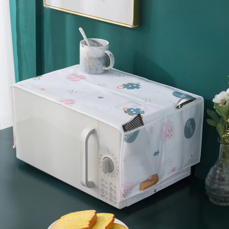 White Cartoon Pattern Kitchen Appliance Cover with Side Storage Pockets for Microwave