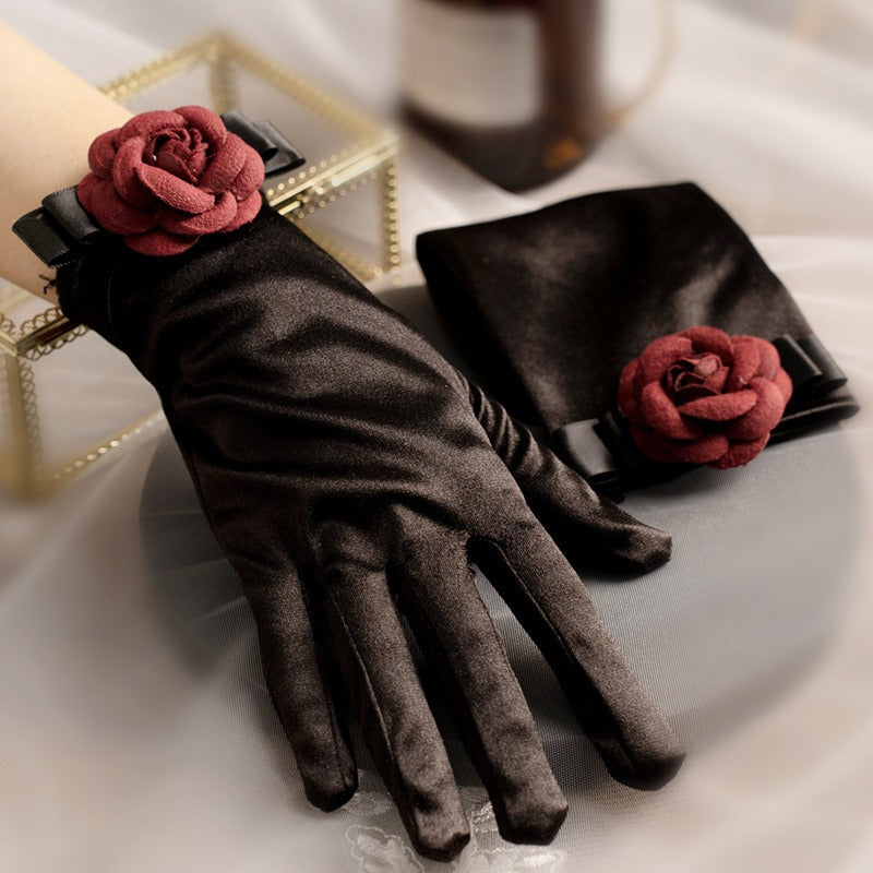 Black Evening Gloves for Women with Floral Cuff Polyester Spandex Blend Elegant Handwear