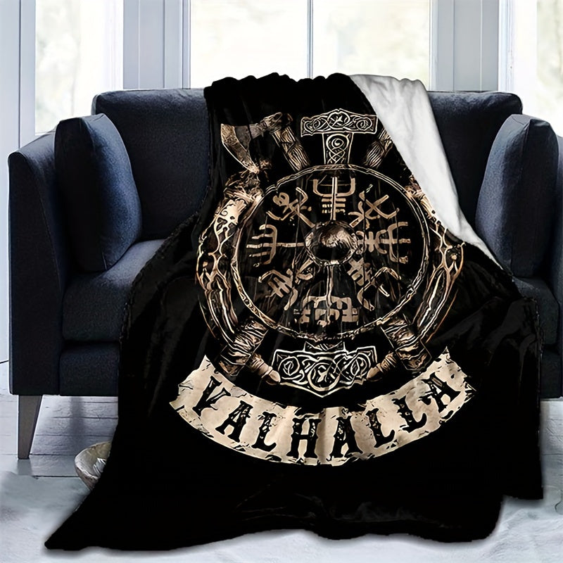 Plush Flanged Blanket with Retro Viking Logo Print for Camping Sofa Bed Couch and Office