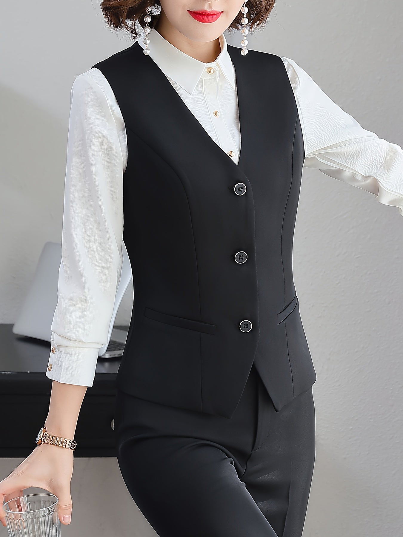 Women's Sleeveless V-Neck Blazer with Tie Back Polyester Elastane Dark Blue