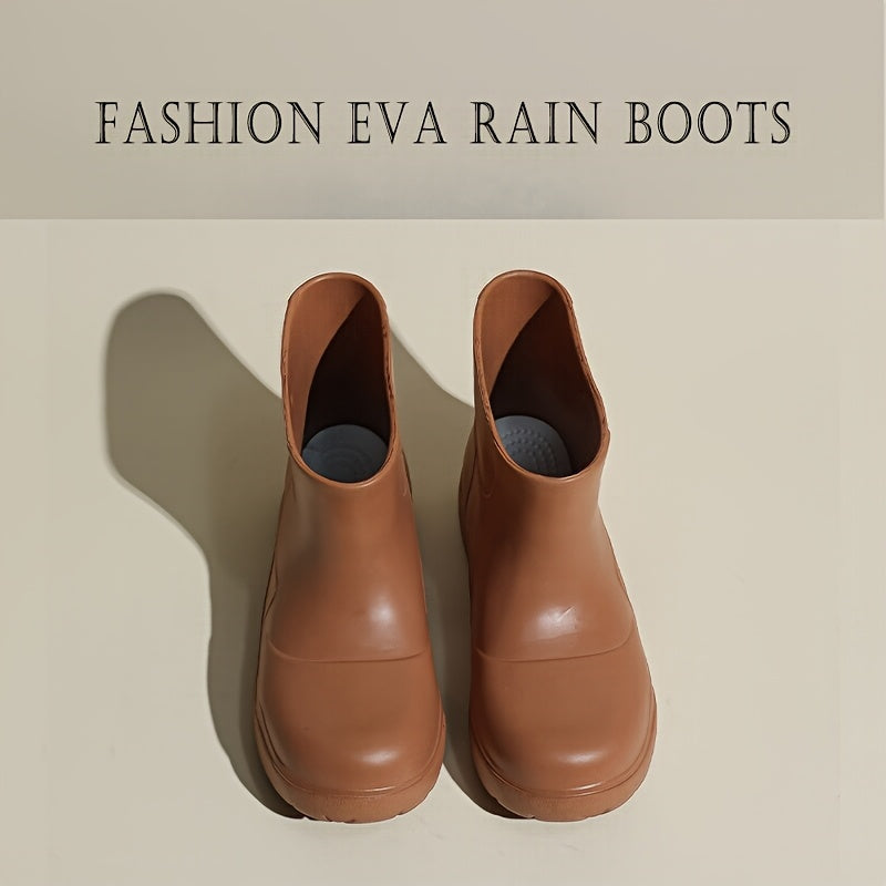 Women's Rain Boots Soft EVA Mid-Heel Slip-On Closed-Toe Waterproof Shoes