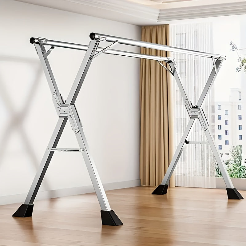 Foldable Metal Clothes Drying Rack with Adjustable Double Rods and Windproof Hooks