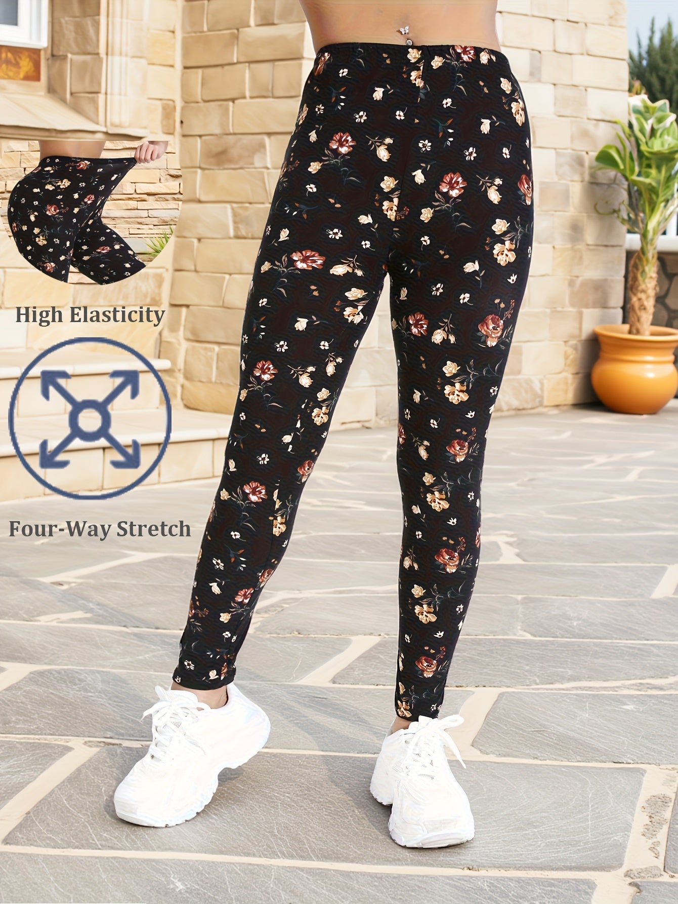 Plus Size Women's Yoga Leggings High-Waisted Floral Stretch Tummy Control Black