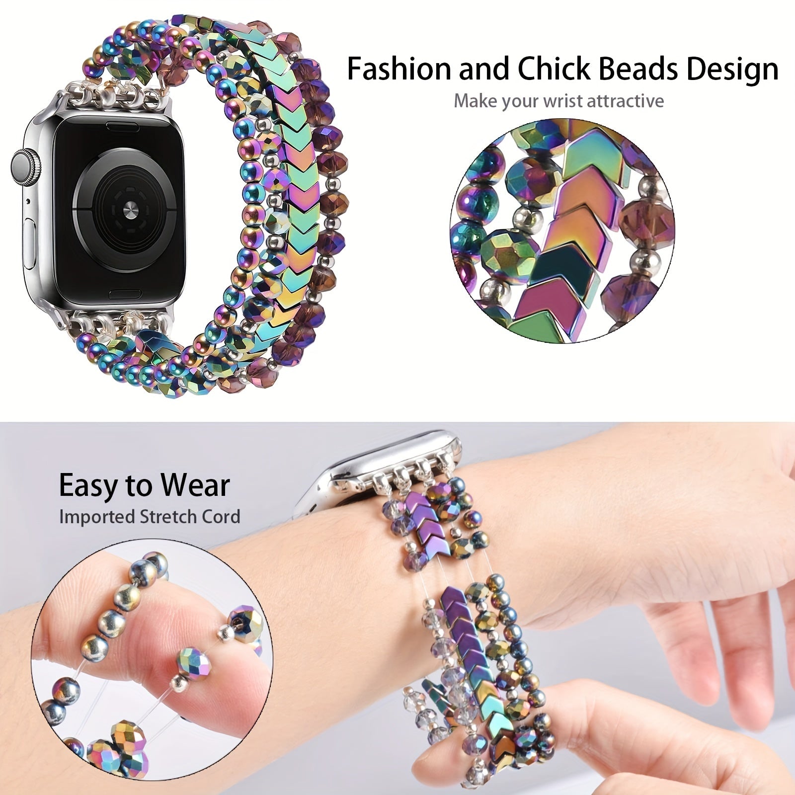 Beaded Resin Elastic Watch Band for Apple Watch 38mm-45mm Compatible with Series SE to 1