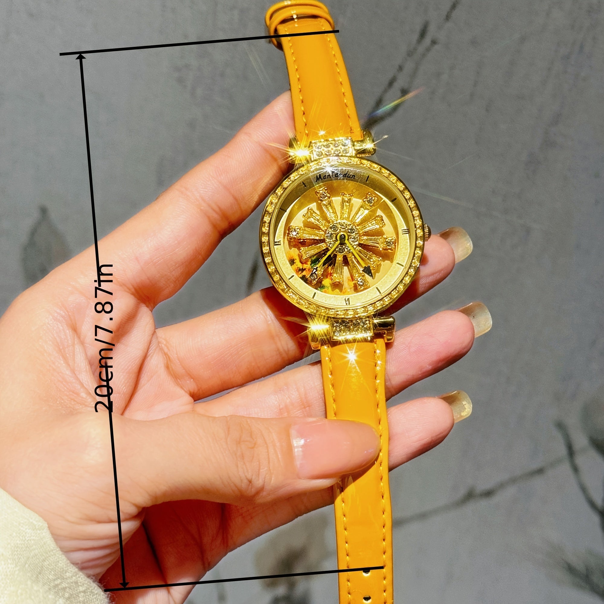 Women's Watch with Transparent Back, Galaxy Dial, Sunflower Design, Rhinestones, Stainless Steel Case, Orange Faux Leather Strap
