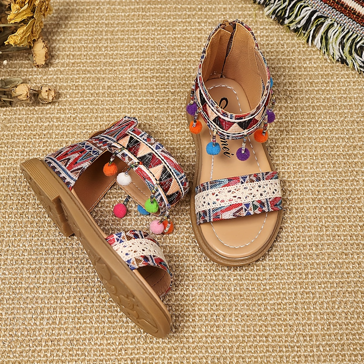Girls' Open-Toe Beaded Sandals with Geometric Patterns for Summer Casual and Beach Wear