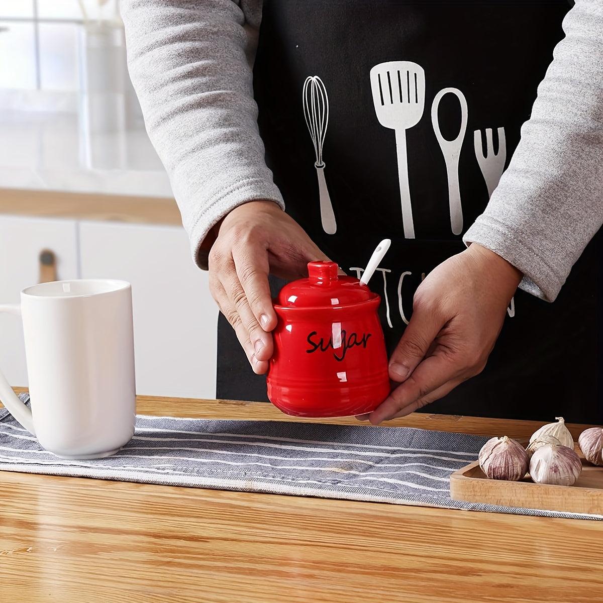 Ceramic Sugar Jar with Lid and Spoon 12oz Capacity for Coffee Bars and Restaurants