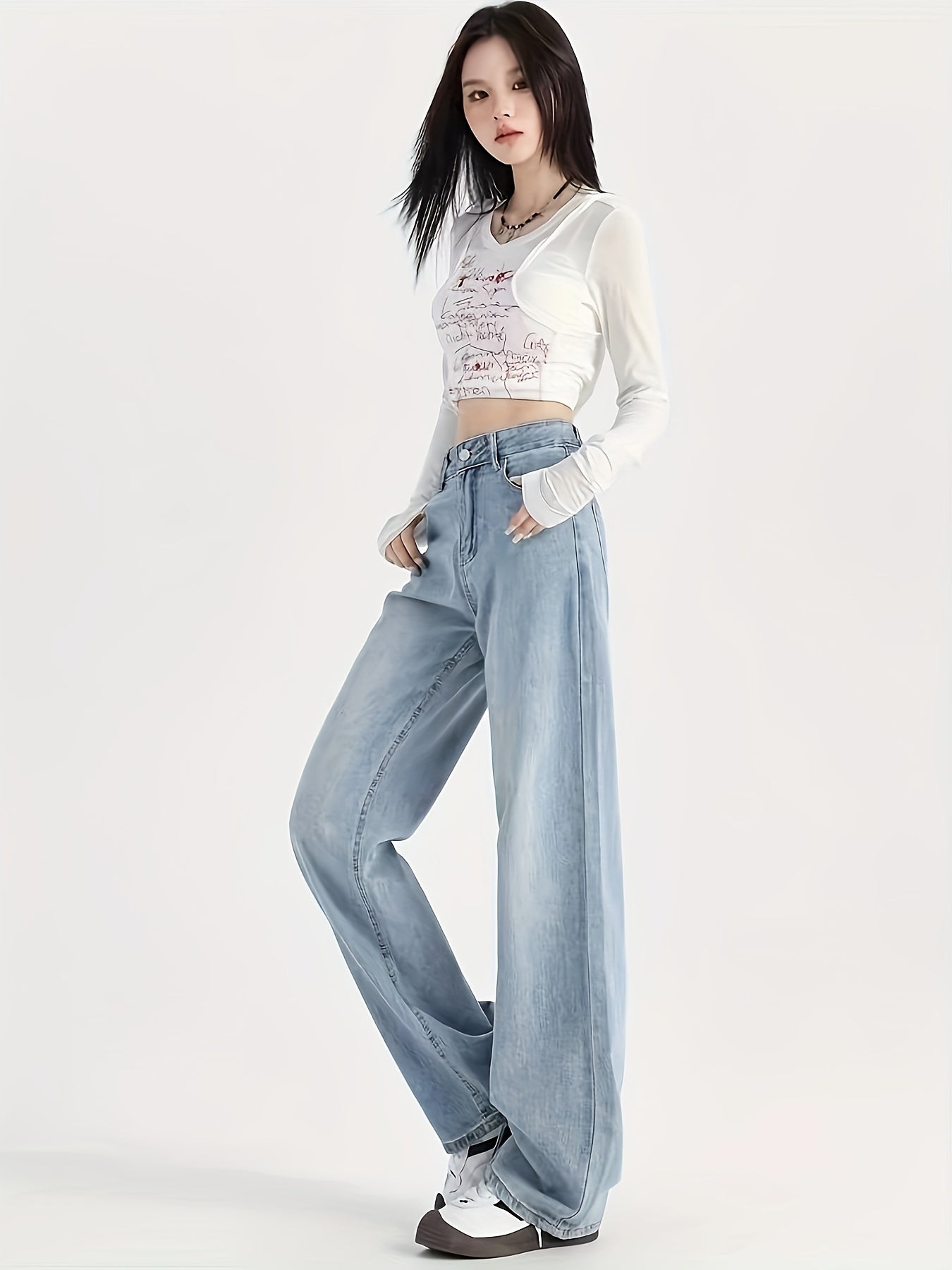 Plus Size Women's Wide Leg Denim Jeans Cotton Polyester All Season High Waist