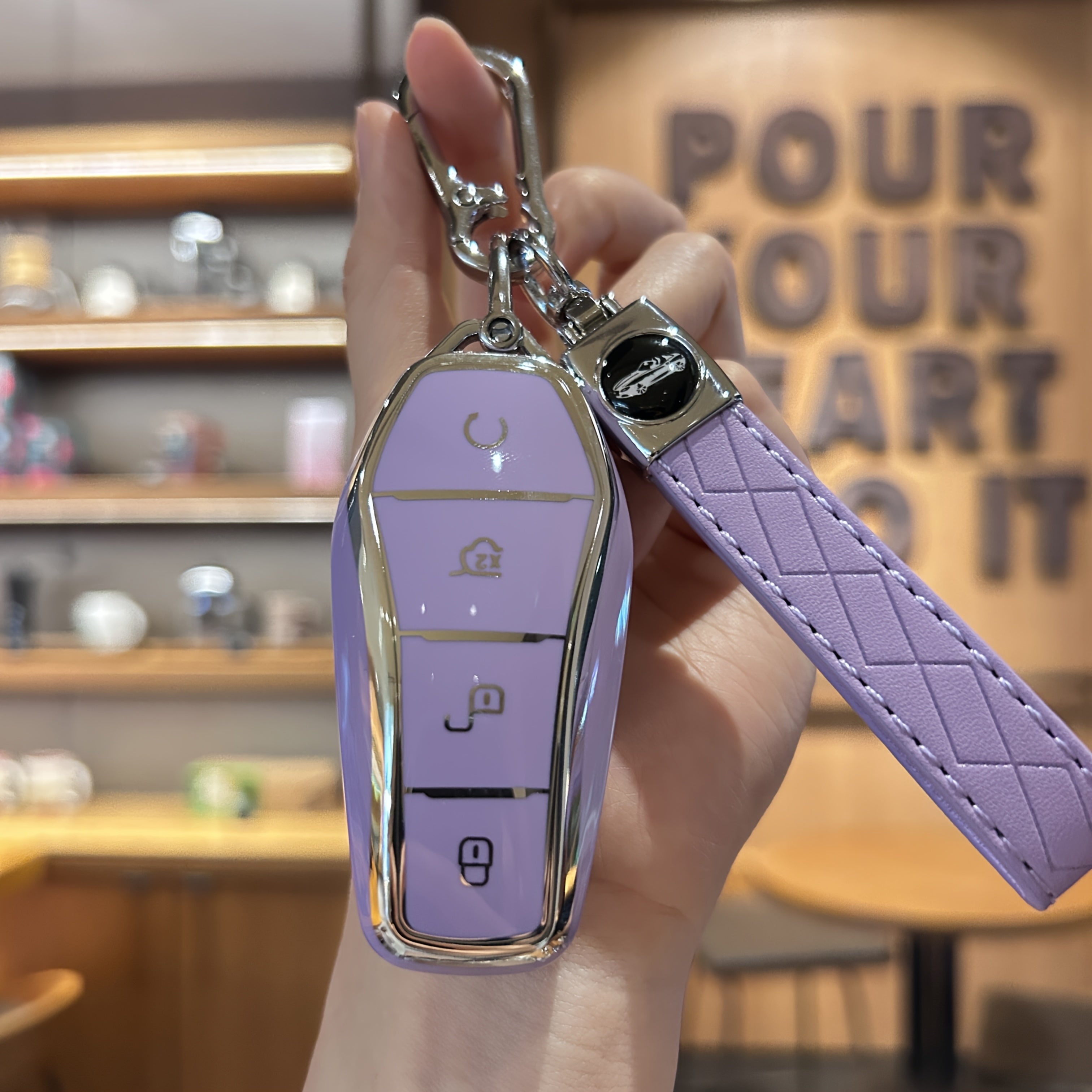 Car Key Shell TPU Soft Flexible Cover for 4-Button Key with Keychain