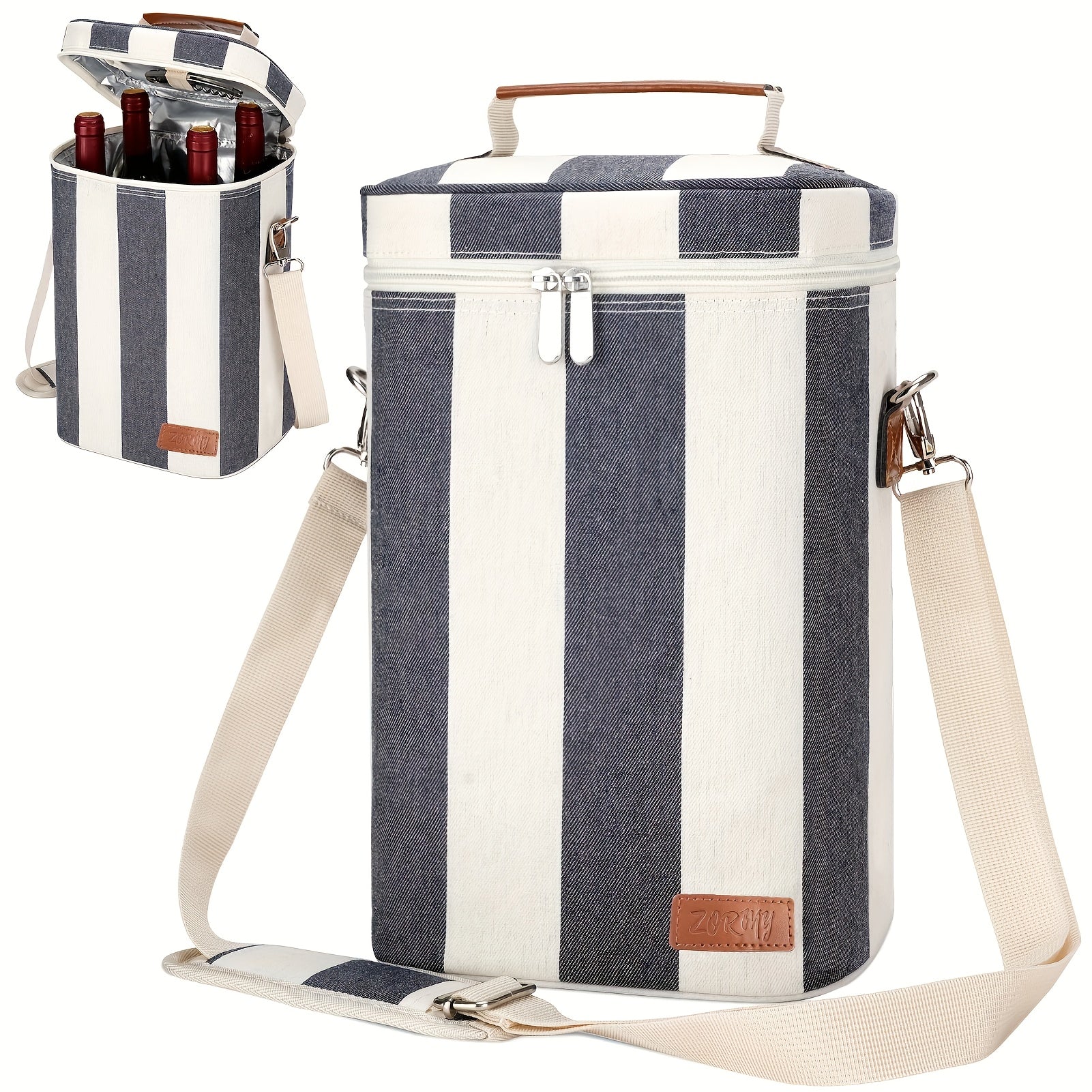 Insulated Wax Canvas Wine Tote Bag Holds 4 Bottles with Wine Opener for Travel Beach Weddings