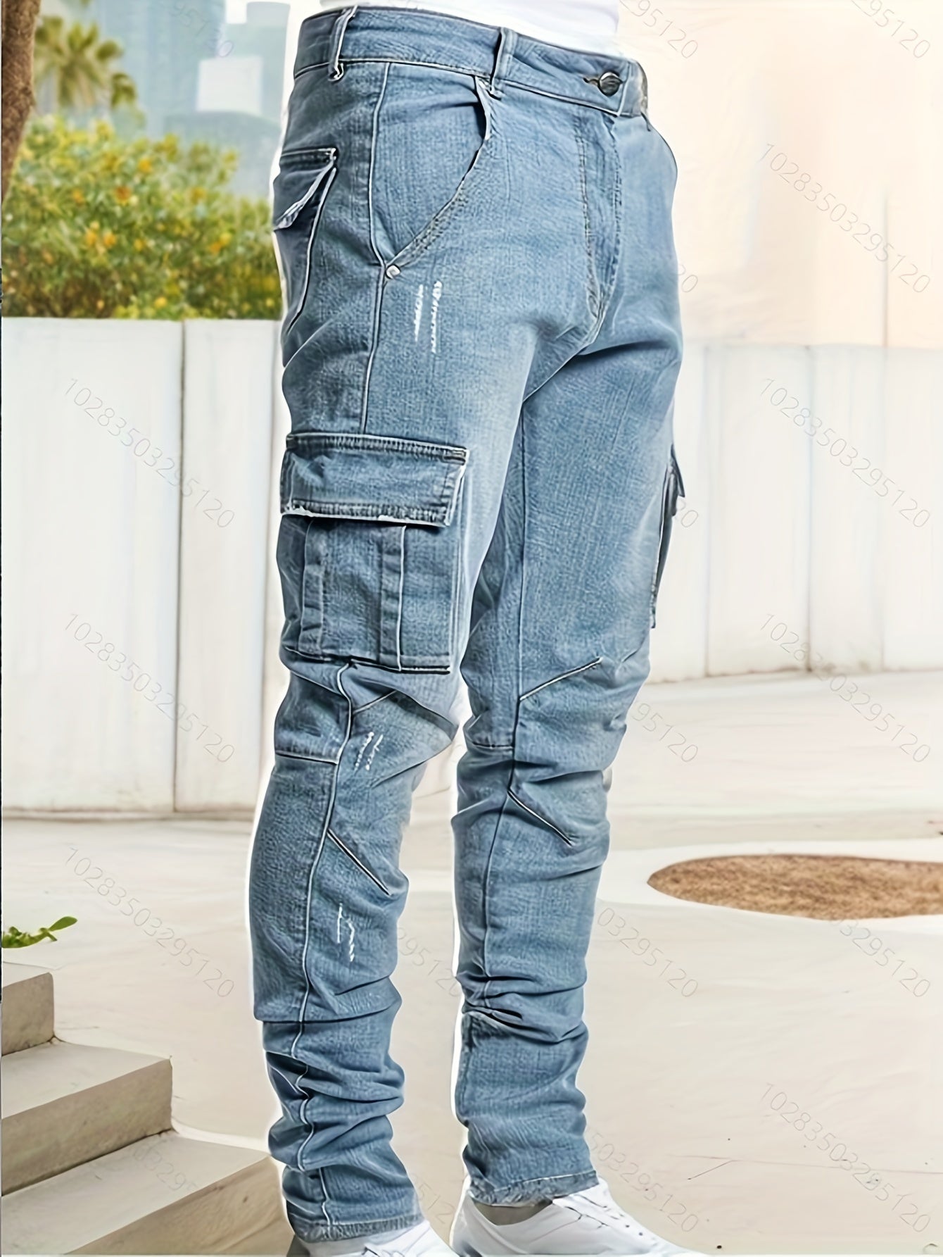 Erkaklar uchun elastik denimdan tayyorlangan, ko'p cho'ntakli dizayni bilan slim fit kargo jinsilari, ko'cha uslubi va barcha mavsumlar uchun ideal.
