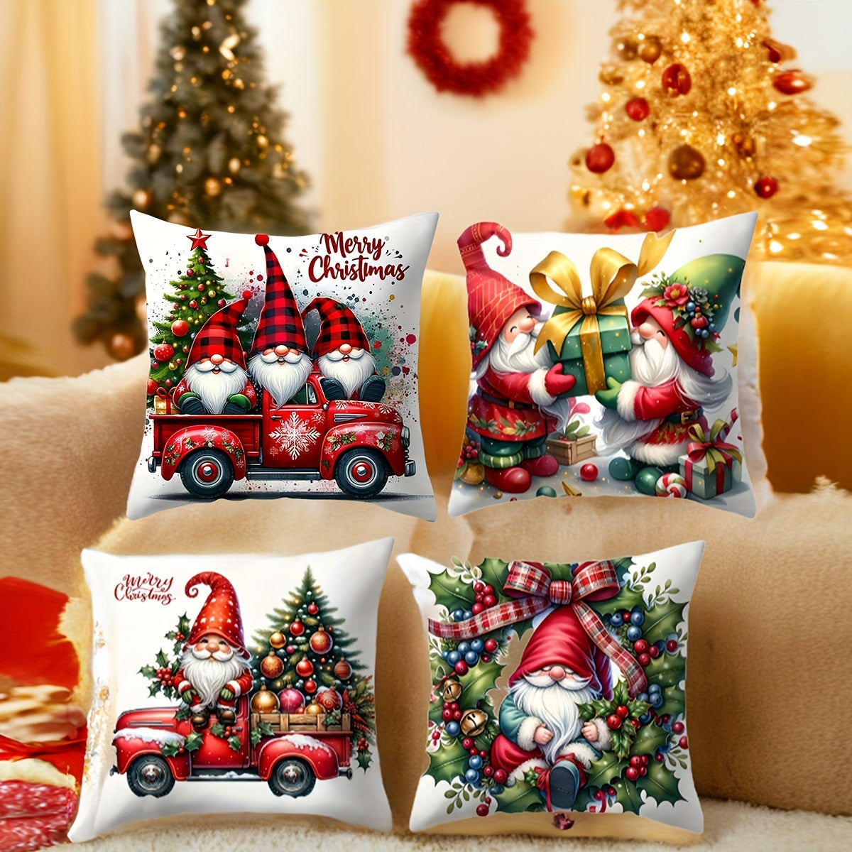 Christmas Gnome and Truck Throw Pillow Cover Zippered Polyester Living Room Decor