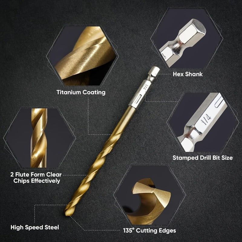 50 Pcs Titanium Coated High-Speed Steel Drill Bit Set with Hex Shank