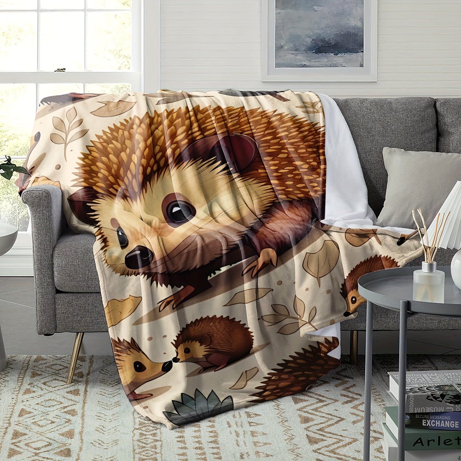 Hedgehog Flannel Throw Blanket All-Season Soft Cozy Hypoallergenic with Autumn Leaves Design