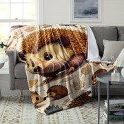 Hedgehog Flannel Throw Blanket All-Season Soft Cozy Hypoallergenic with Autumn Leaves Design